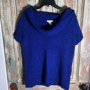 Hannah Sweater Cowl Neck Blue Cotton Blend Short Sleeve Sweater Large